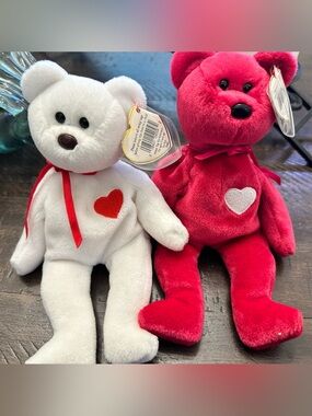 Ty Plush Heart Bears - White “Valentino” and Red “Valentina”Beanie Babies